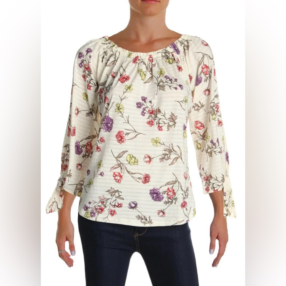 Lauren Ralph Lauren, Sz L, Floral, Slash/Tie Sleeve Boho Peasant Blouse - NWOT